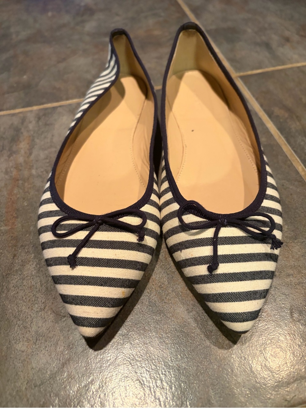 J. Crew Navy and White Striped Pointed-Toe Ballet Flats